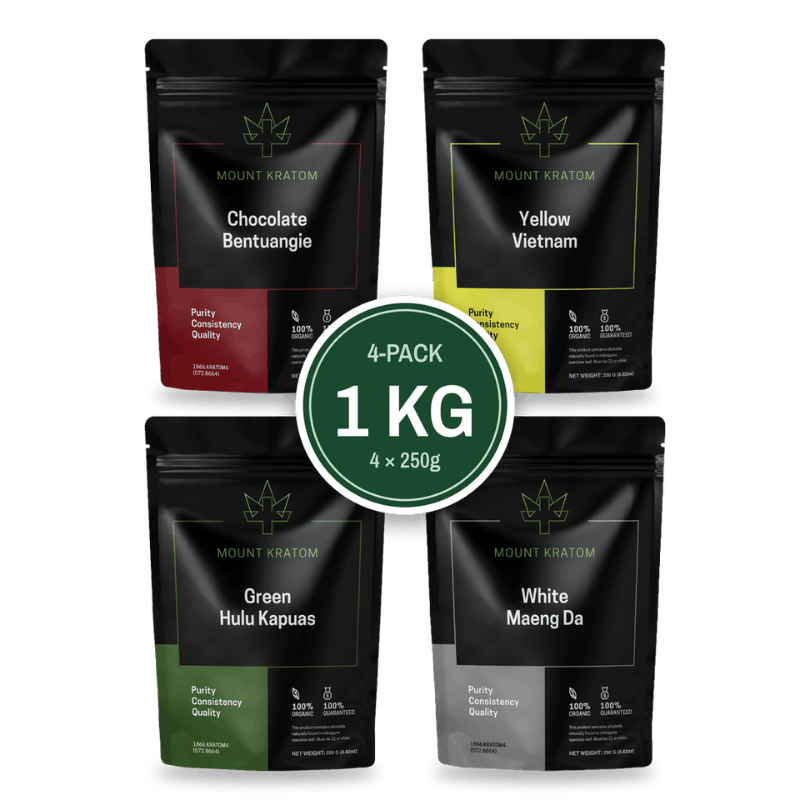 4-pack split kilo kratom powder. Choose 4 bags of 250g totalling a kilogram.