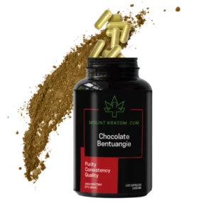 Open bottle of Chocolate Bentuangie with capsules falling in
