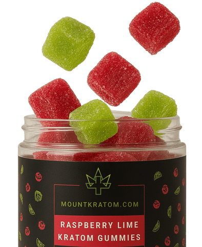 Raspberry and lime gummies dropping into the jar