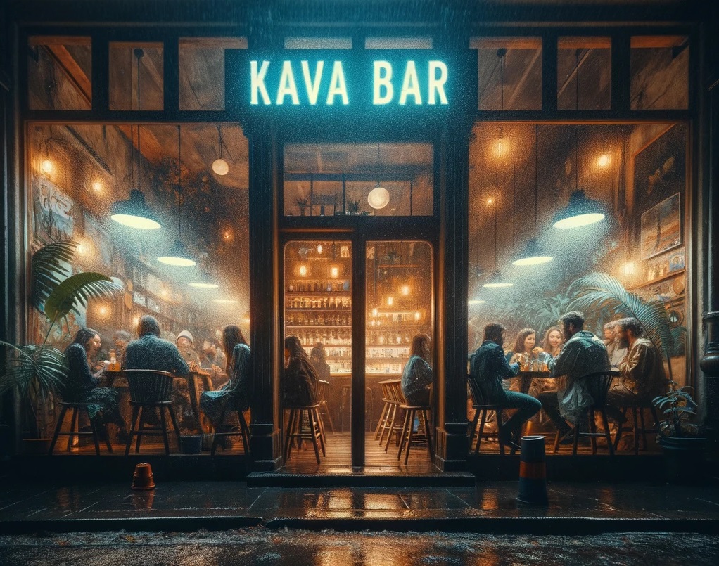From the outside looking into a bright bar with a neon sign called KAVA BAR