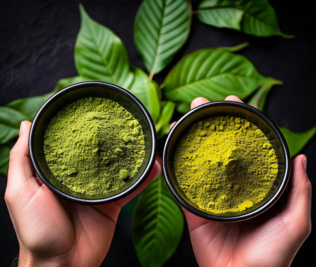 Looking down at two bowls of kratom powder, on the left is green kratom and on the right is white kratom