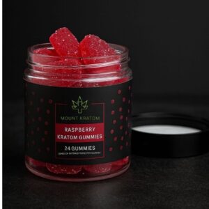 Open jar of raspberry kratom gummies
