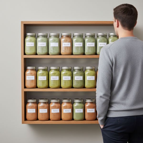 A man looking at different strains of kratom powder, neatly organized on a shelf
