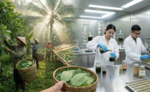 On the left half of the image, farmers are harvesting kratom leaves, on the right side, lab workers are making kratom extract