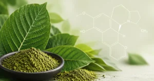 Kratom leaves and powder with a molecular structure illustration representing mitragynine, kratom's primary alkaloid.