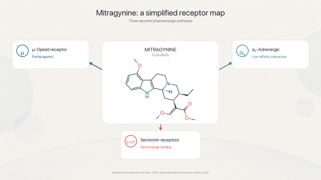 iagram showing mitragynine acting on three receptor systems: partial mu-opioid agonist, alpha-2 adrenergic, and serotonergic